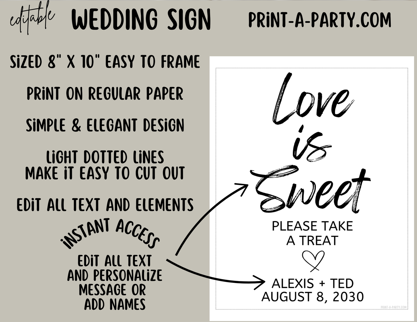 Editable Wedding Sign: DESSERT BAR | TABLE Sign - Love is Sweet, Please Take A Treat, Printable Canva Template for Weddings and Showers