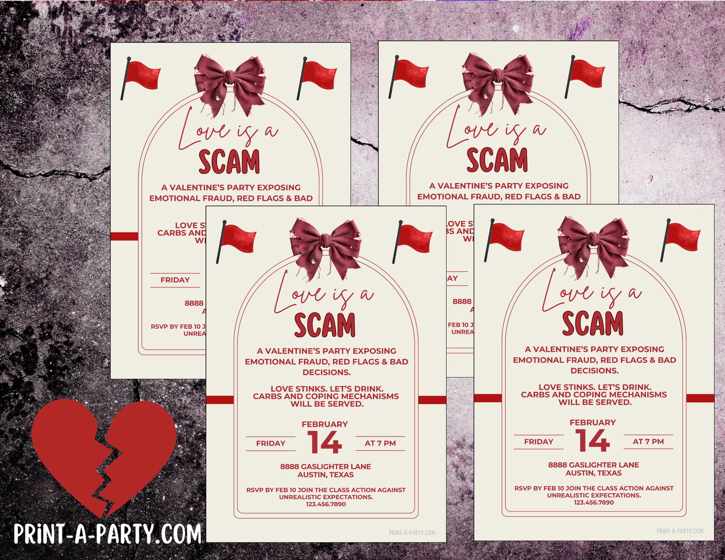 Editable Valentine Invite Sarcastic Love Is A Scam Template 5x7, Canva, Singles, Girls Night