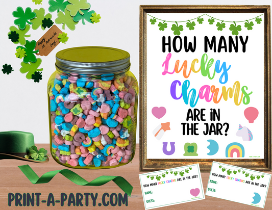 St. Patrick's Day Lucky Charms Candy Jar Guessing Game Printable – Sign and cards for holiday parties, classrooms and events