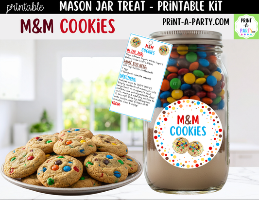 M&M Cookies in a Mason Jar Gift Printable Kit - Labels, Tag, Recipe & Instructions