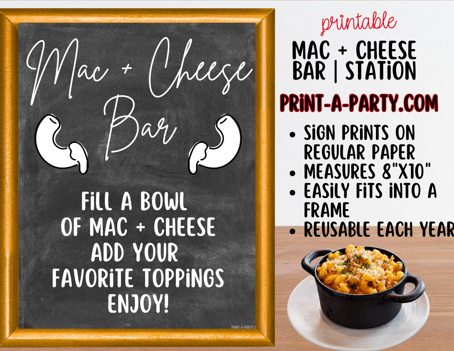 Mac and Cheese Bar - Printable Sign (8x10) & Toppings Tent Cards - For Party Buffets
