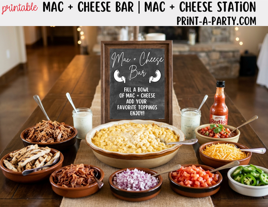 Mac and Cheese Bar - Printable Sign (8x10) & Toppings Tent Cards - For Party Buffets