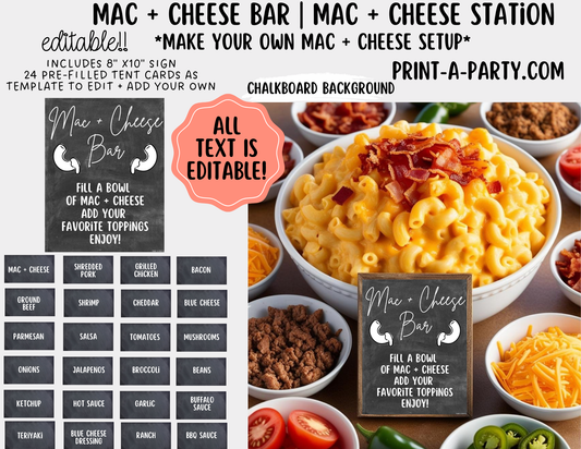 Editable MAC & CHEESE BAR - Chalkboard Sign and Toppings Labels Template - Perfect for Parties, Showers, Birthdays or the Office