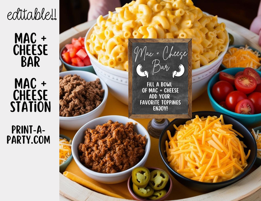 Editable MAC & CHEESE BAR - Chalkboard Sign and Toppings Labels Template - Perfect for Parties, Showers, Birthdays or the Office