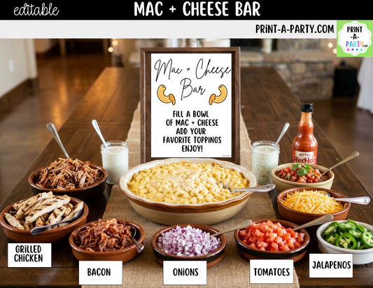 Editable Mac and Cheese Bar Printable Sign (8x10) and Topping Tent Cards - Printable Food Station for Parties and Events