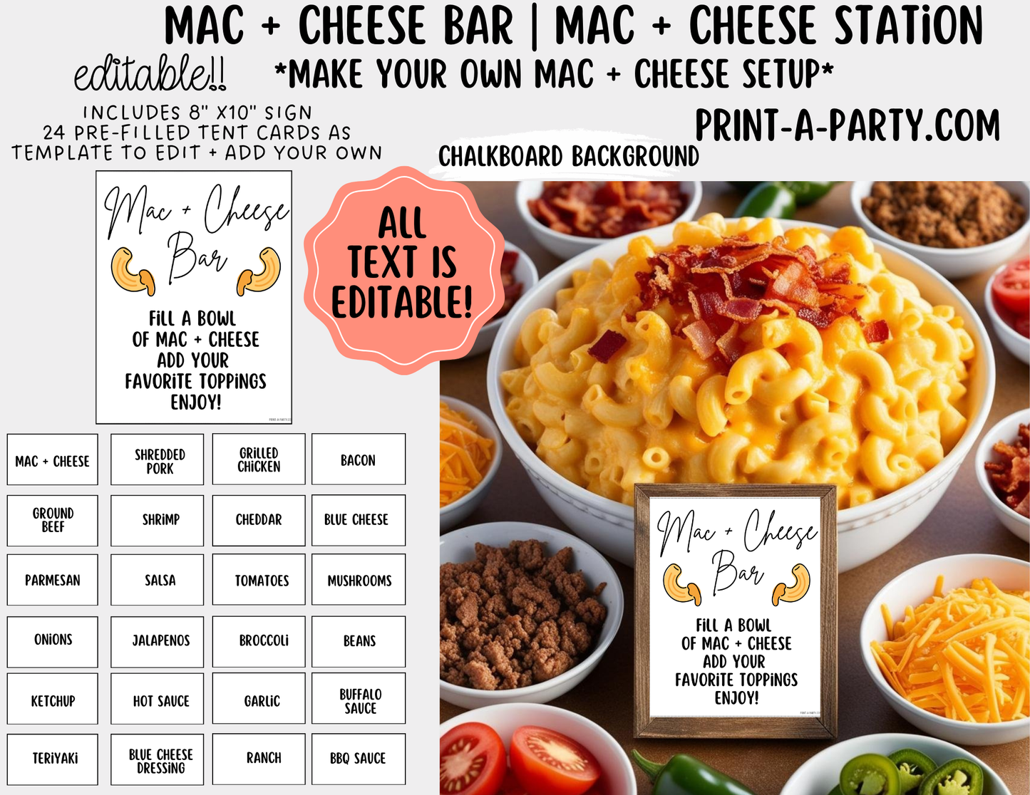 EDITABLE MAC & CHEESE BAR | STATION Setup - White | Macaroni & Cheese Sign | Party Food Bar | Shower | DIY Mac & Cheese Bar