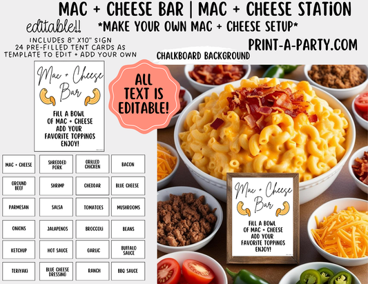 Editable MAC & CHEESE BAR - White Sign and Toppings Labels Template - Perfect for Parties, Showers, Birthdays or the Office