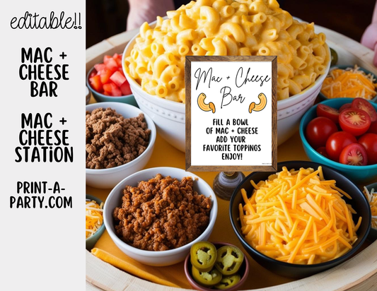 Editable MAC & CHEESE BAR - White Sign and Toppings Labels Template - Perfect for Parties, Showers, Birthdays or the Office