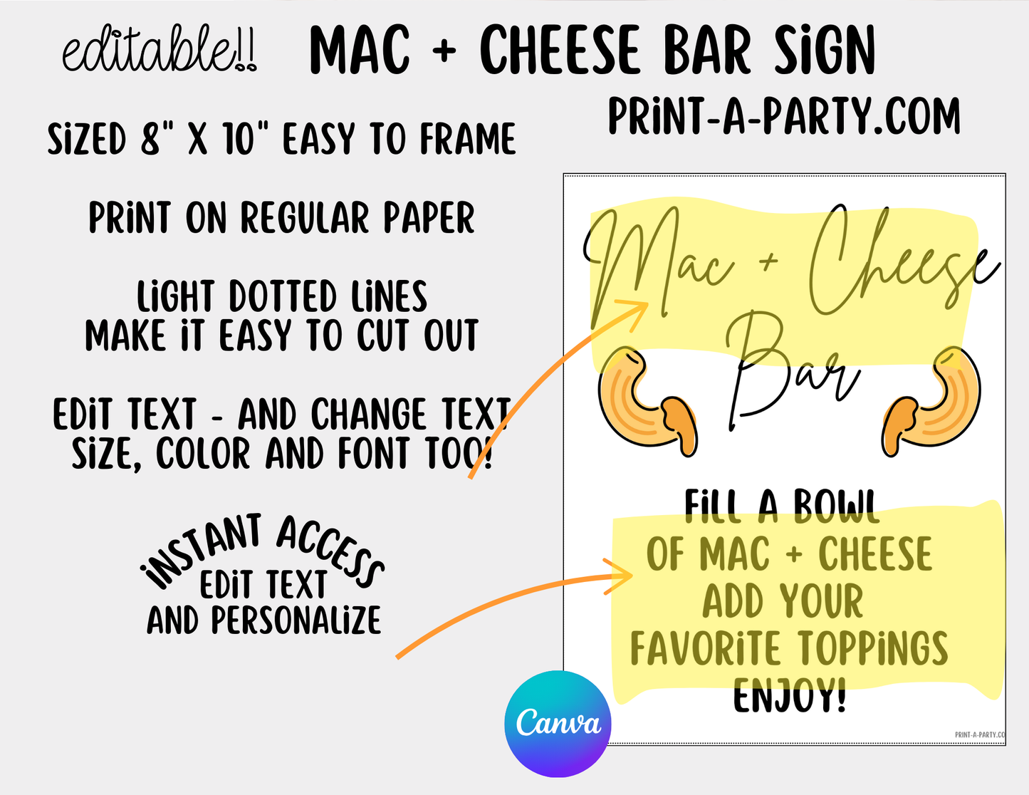 EDITABLE MAC & CHEESE BAR | STATION Setup - White | Macaroni & Cheese Sign | Party Food Bar | Shower | DIY Mac & Cheese Bar