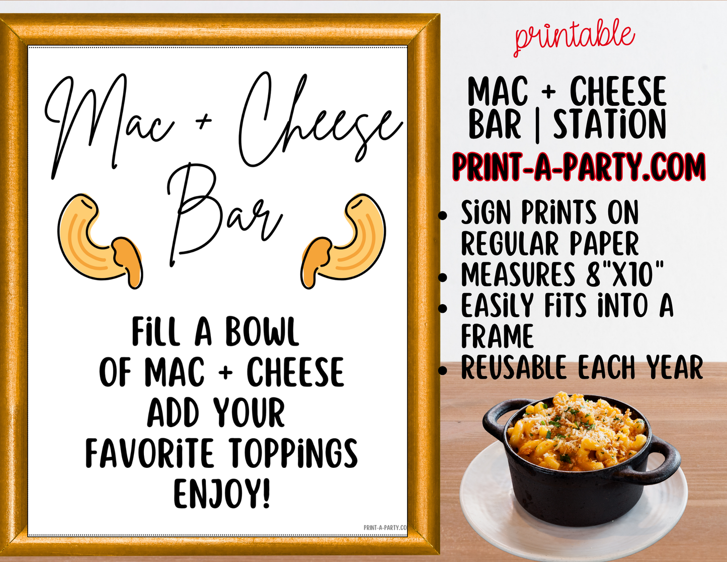 Mac and Cheese Bar - Printable Sign (8x10) & Toppings Tent Cards - For Party Buffets