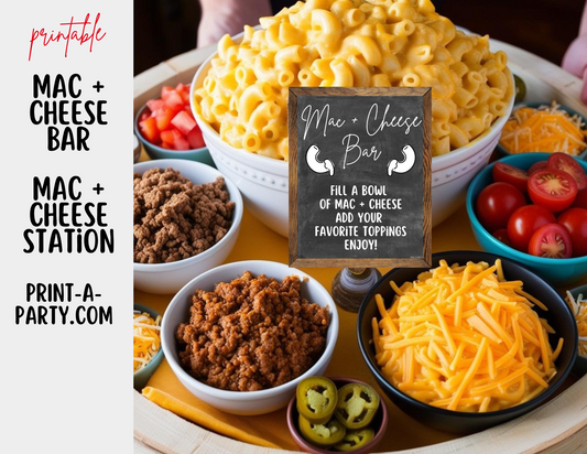 MAC AND CHEESE BAR Printable Sign & Food Topping Tent Cards in Chalkboard – DIY Food Bar Station - perfect for parties, showers, slumber parties, buffets, the office and more!