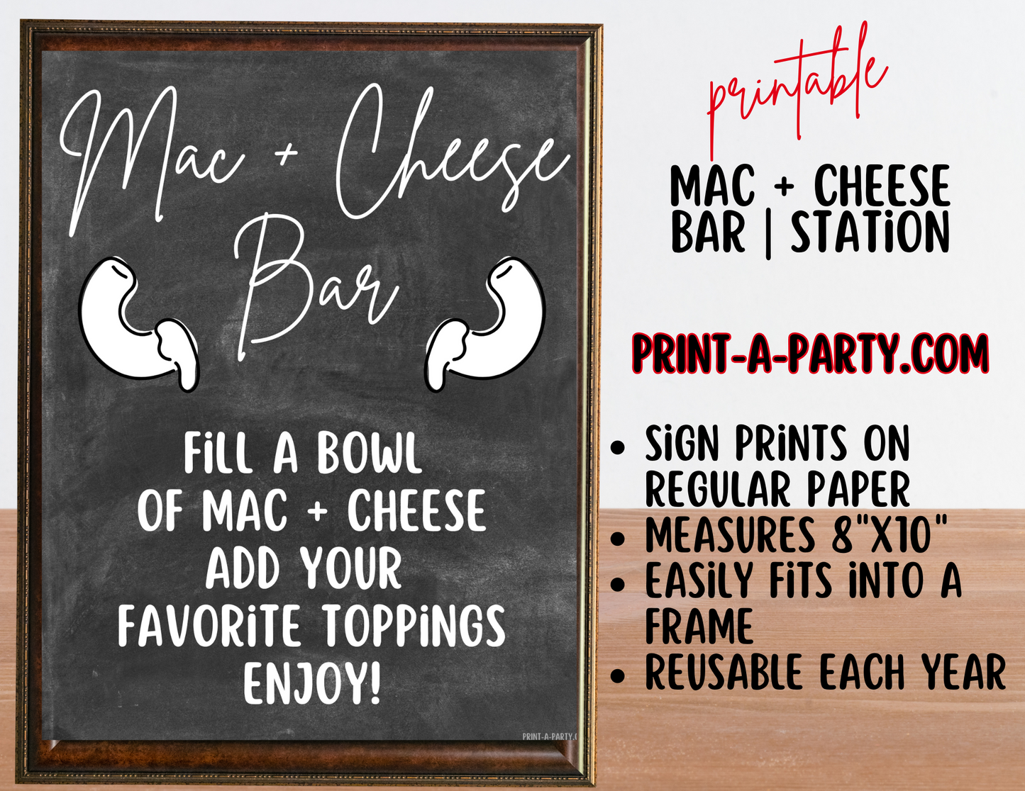 MAC AND CHEESE BAR Printable Sign & Food Topping Tent Cards in Chalkboard – DIY Food Bar Station - perfect for parties, showers, slumber parties, buffets, the office and more!