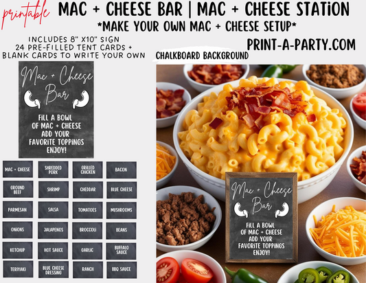 MAC AND CHEESE BAR Printable Sign & Food Topping Tent Cards in Chalkboard – DIY Food Bar Station - perfect for parties, showers, slumber parties, buffets, the office and more!
