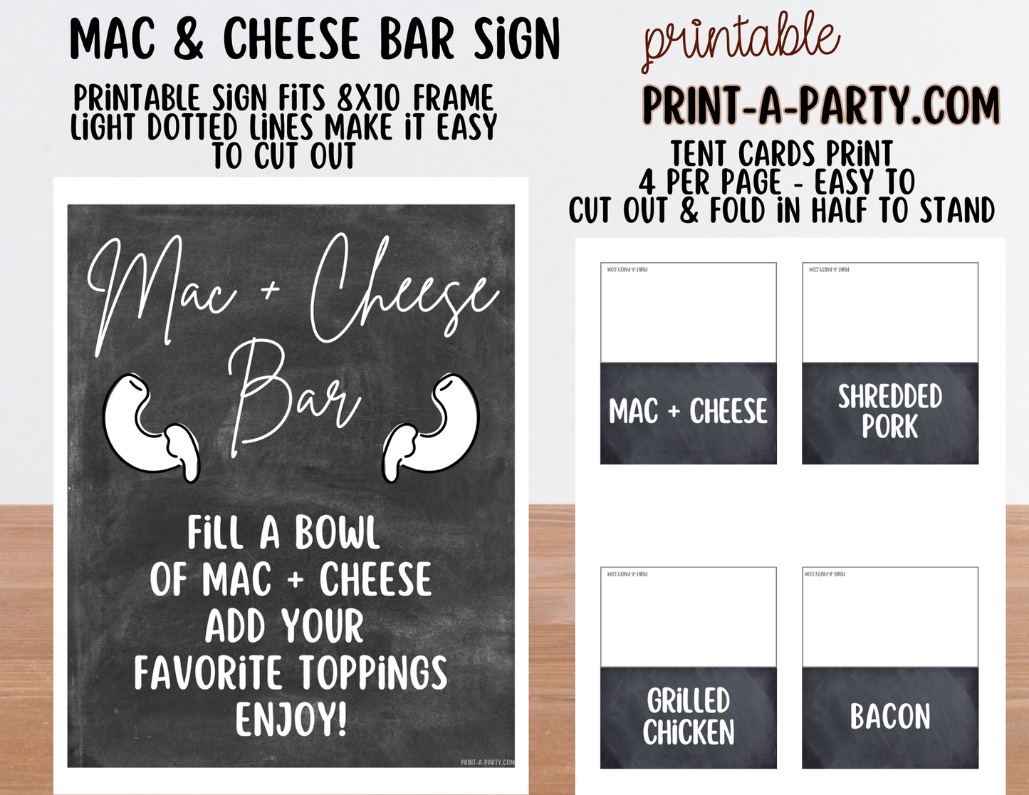 MAC AND CHEESE BAR Printable Sign & Food Topping Tent Cards in Chalkboard – DIY Food Bar Station - perfect for parties, showers, slumber parties, buffets, the office and more!