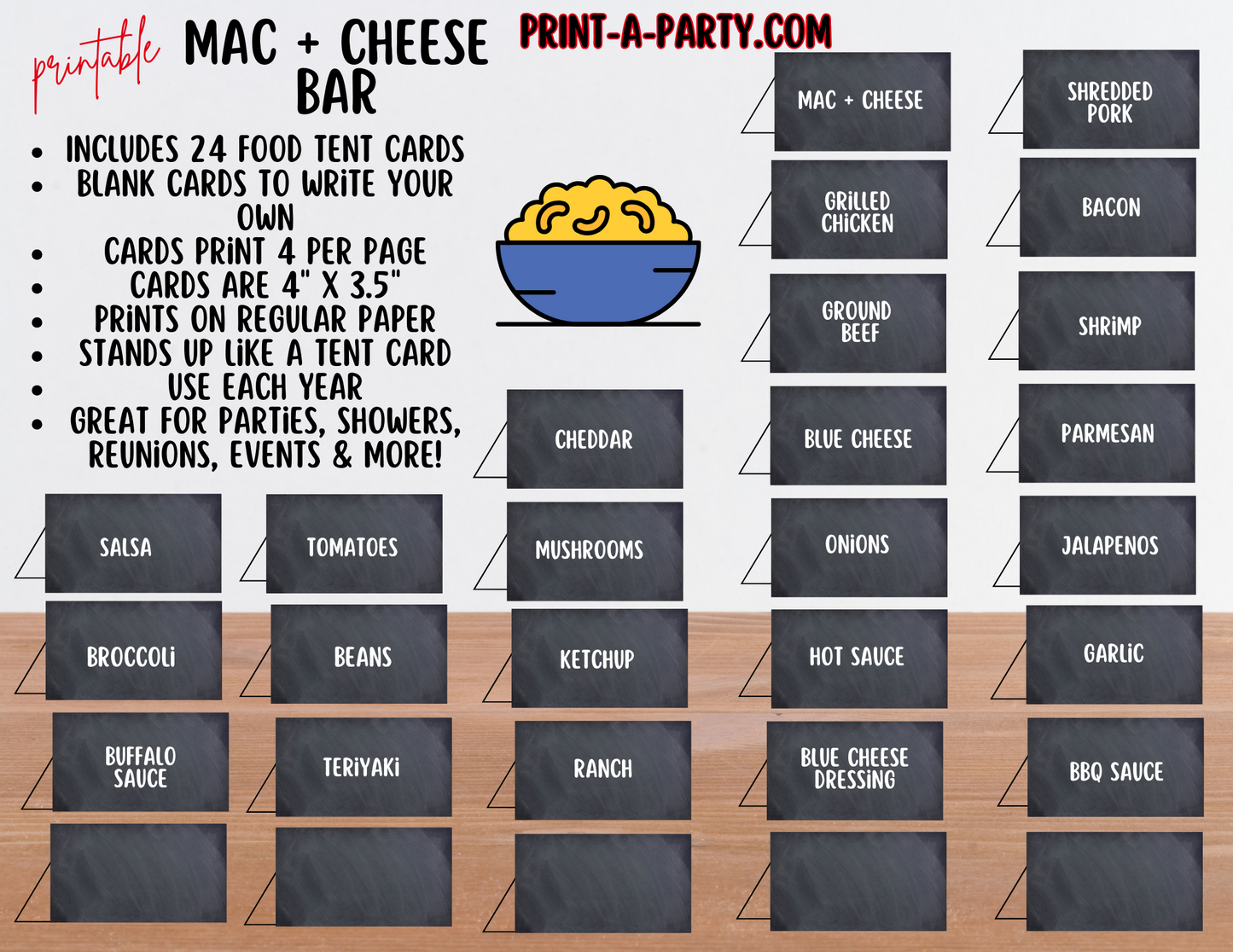 MAC AND CHEESE BAR Printable Sign & Food Topping Tent Cards in Chalkboard – DIY Food Bar Station - perfect for parties, showers, slumber parties, buffets, the office and more!