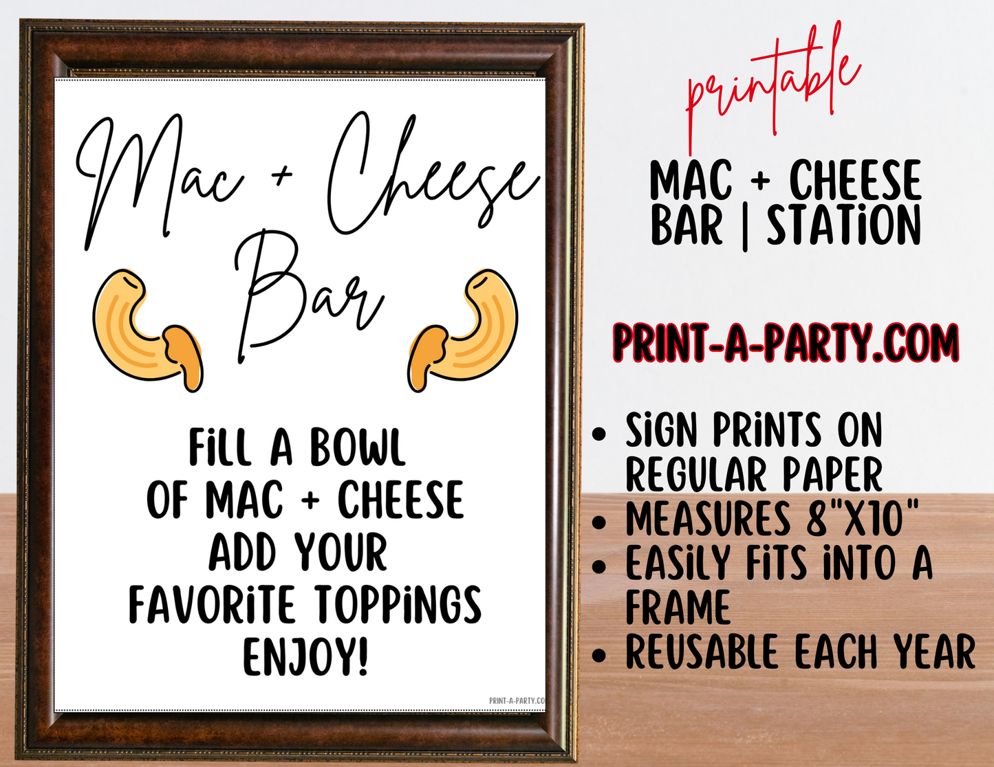 MAC AND CHEESE BAR Printable Sign & Food Topping Tent Cards in White – DIY Food Bar Station - perfect for parties, showers, slumber parties, buffets, the office and more!