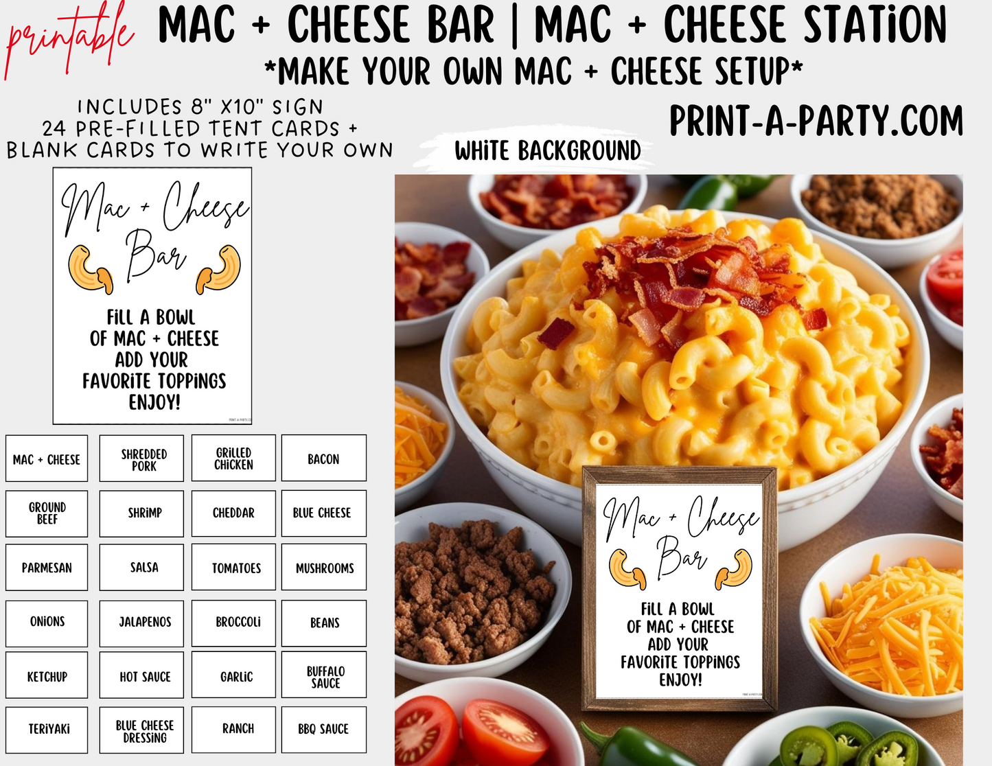 MAC & CHEESE BAR | MAC & CHEESE STATION Setup - White | Macaroni & Cheese Sign | Party Food Bar | Shower | DIY Mac & Cheese Bar