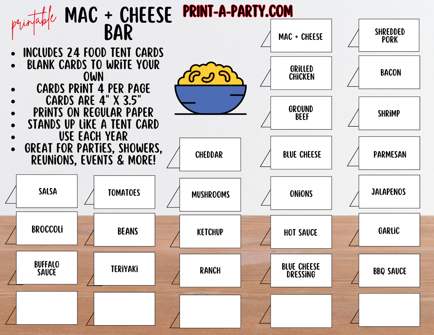 MAC AND CHEESE BAR Printable Sign & Food Topping Tent Cards in White – DIY Food Bar Station - perfect for parties, showers, slumber parties, buffets, the office and more!
