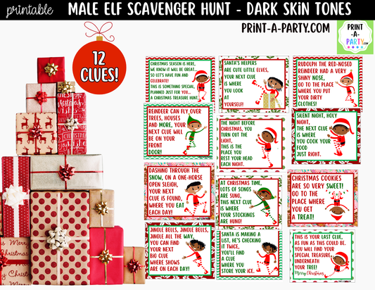 Printable Christmas Elf Scavenger Hunt - Male Elf with Dark Skin Tone Clue Cards for Kids