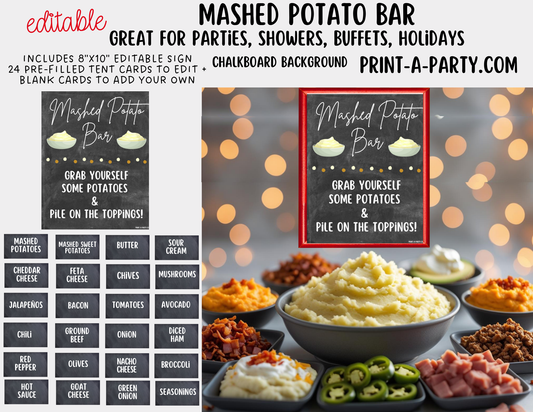 Editable MASHED POTATO BAR - Sign and Food Labels Template Chalkboard - Perfect for Parties, Showers, Birthdays or Holidays