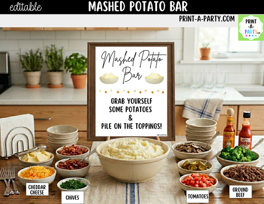 Editable Mashed Potato Bar Printable Sign (8x10) and Topping Tent Cards - Printable Food Station for Parties and Events