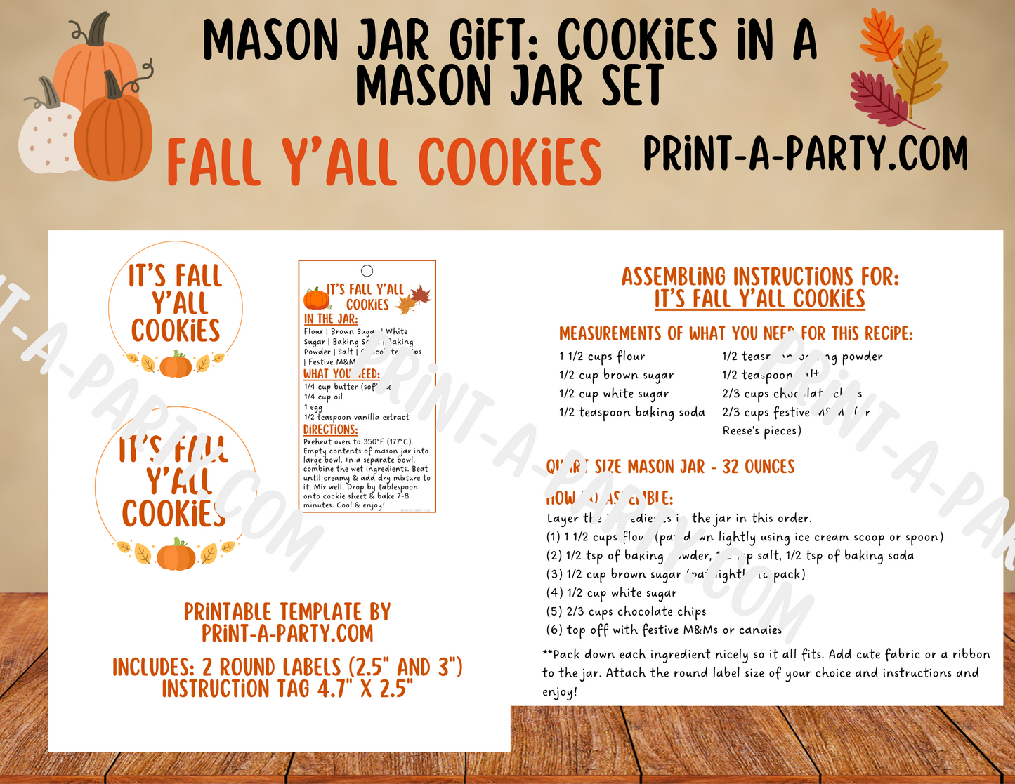 MASON JAR GIFT: Printable Fall Mason Jar Cookie Kit DIY Autumn Baking Gift with Recipe & Labels for Teachers, Neighbors & Friends