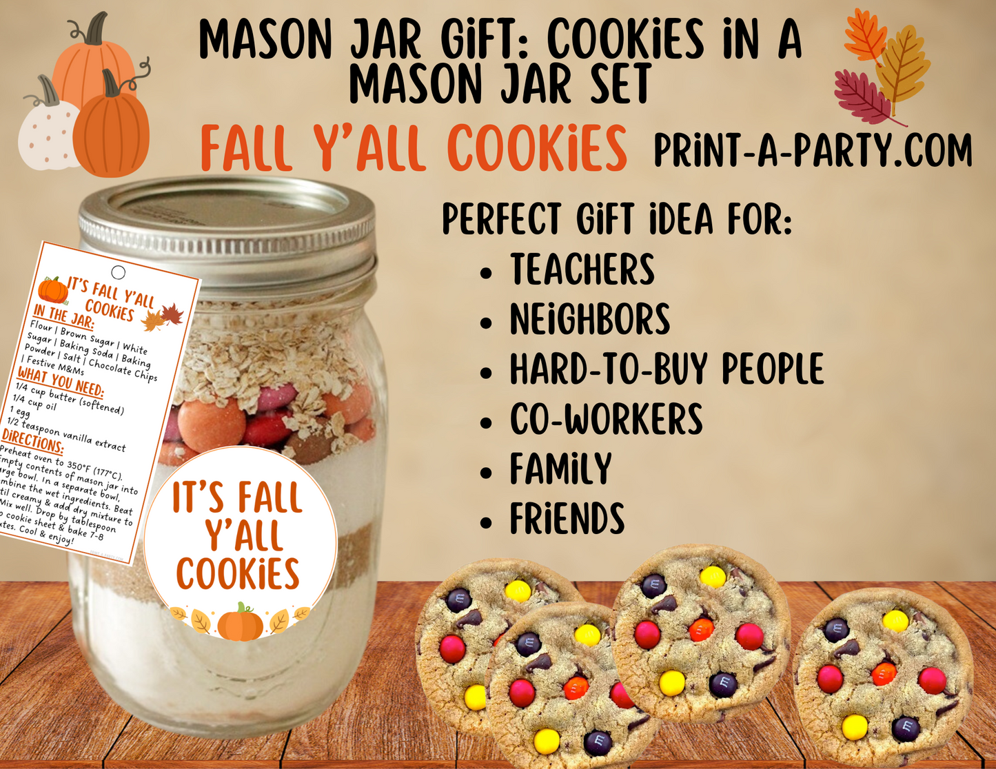 MASON JAR GIFT: Printable Fall Mason Jar Cookie Kit DIY Autumn Baking Gift with Recipe & Labels for Teachers, Neighbors & Friends