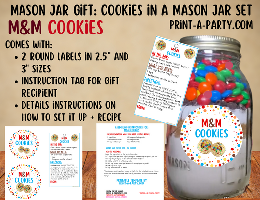 MASON JAR GIFT: M&M Cookies in a Jar Printable Gift Kit | Mason Jar Cookie Mix | DIY Holiday Gift, Teacher Gift, Party Favor