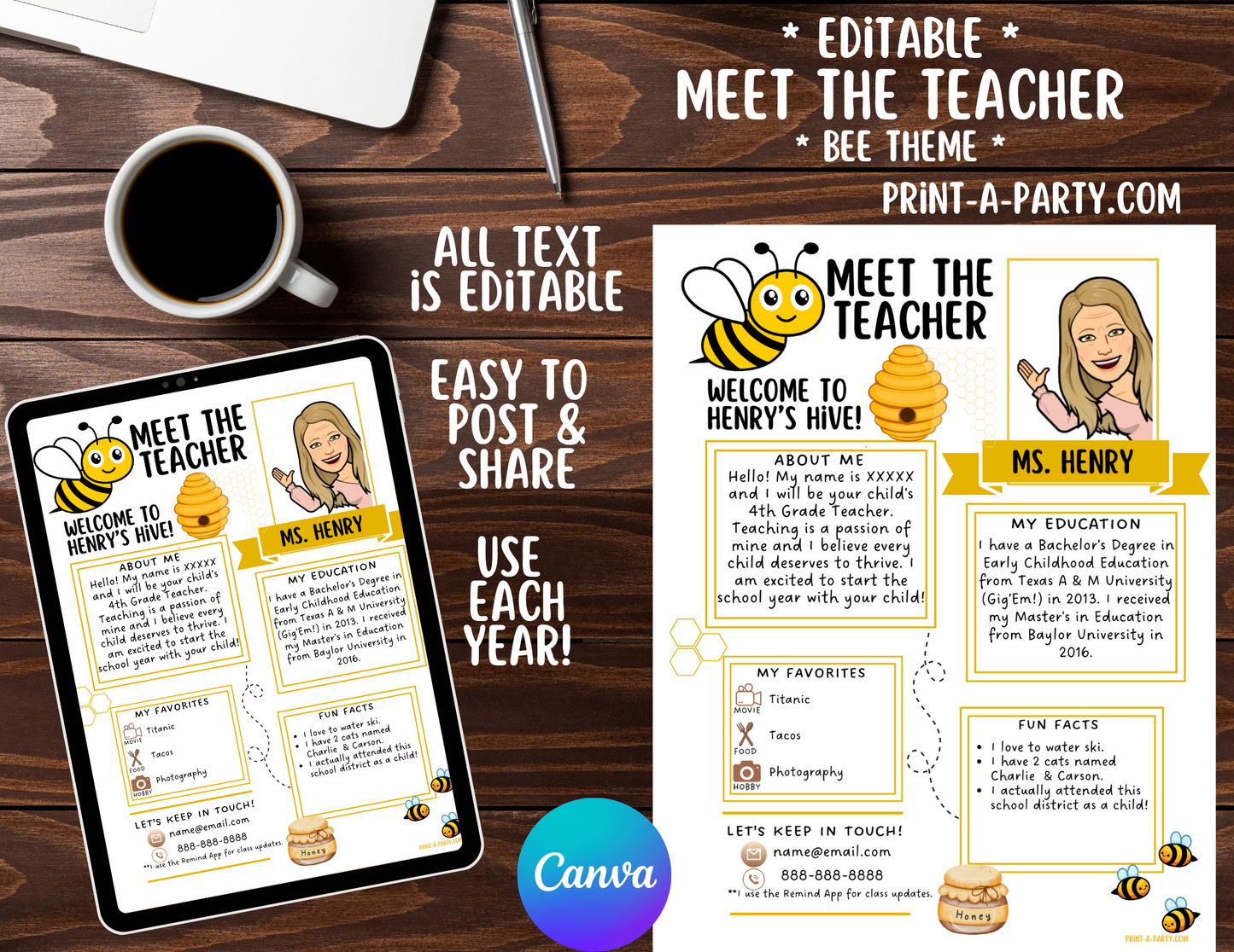 Meet the Teacher Editable Template – BEE Theme Printable for Teacher Introduction, Teacher Information, Back To School , First Day of School
