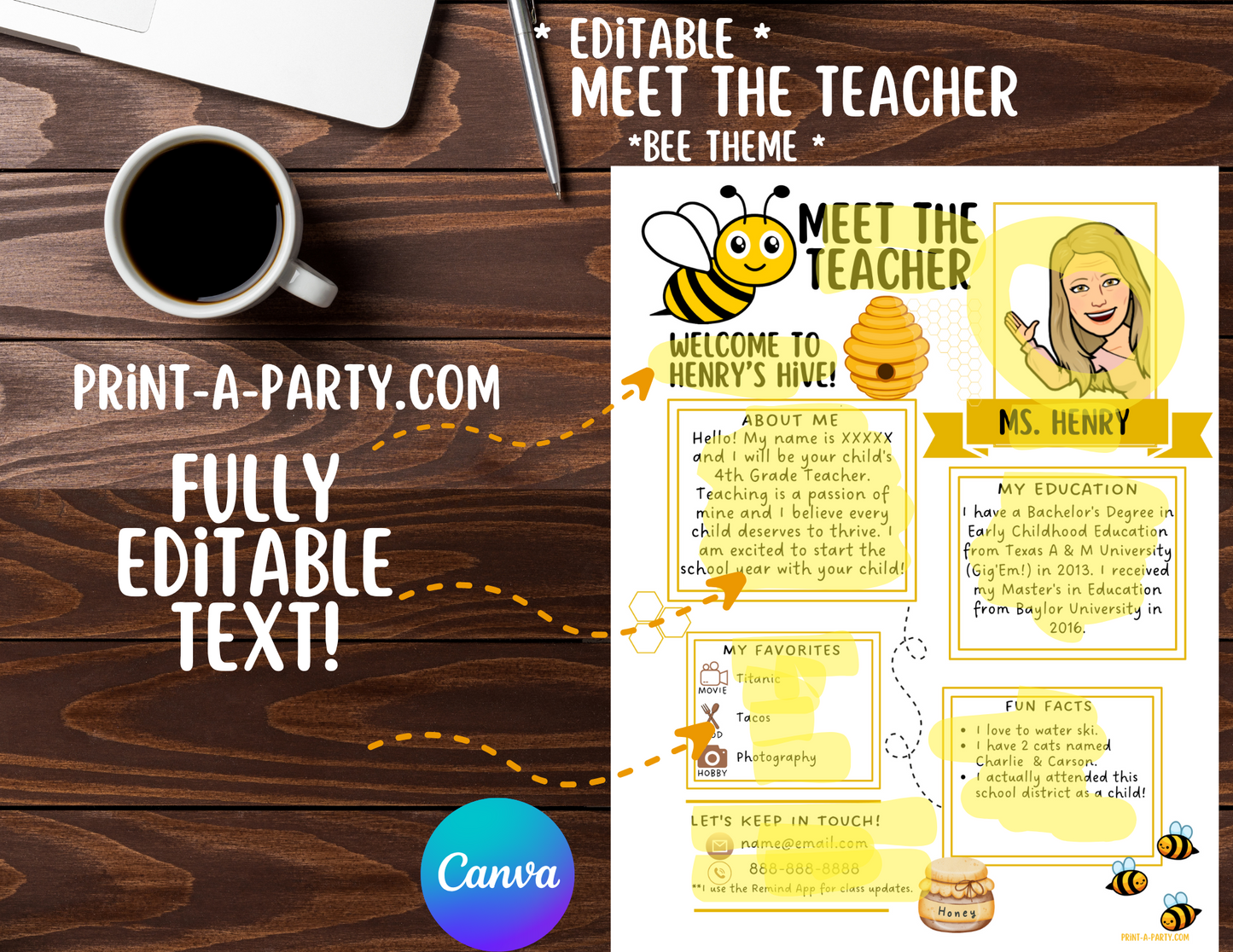 Meet the Teacher Editable Template – BEE Theme Printable for Teacher Introduction, Teacher Information, Back To School , First Day of School
