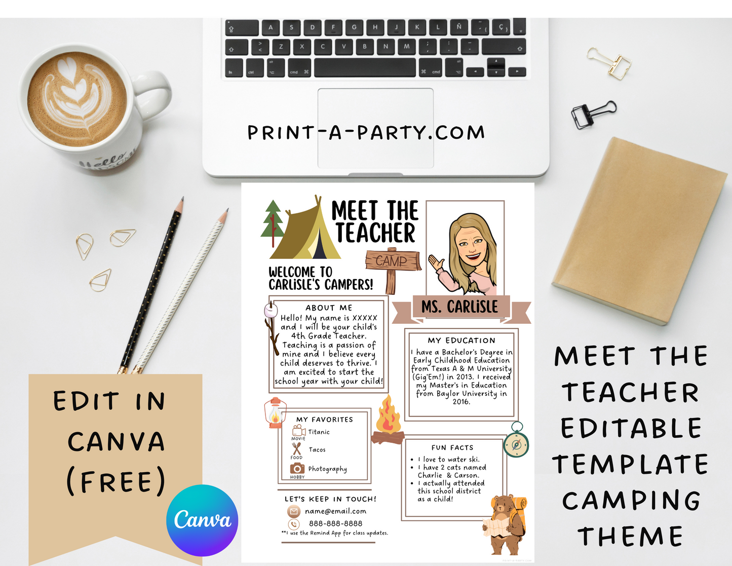 Meet the Teacher Editable Template – CAMPING | CAMPERS Theme Printable for Teacher Introduction, Teacher Information, Back To School , First Day of School