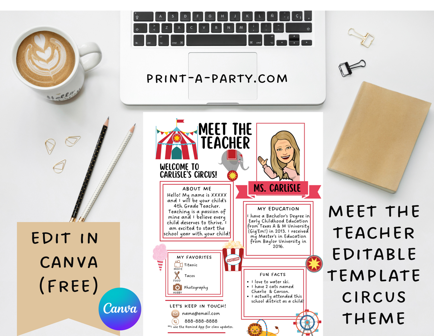 Meet the Teacher Editable Template – CIRCUS Theme Printable for Teacher Introduction, Teacher Information, Back To School , First Day of School