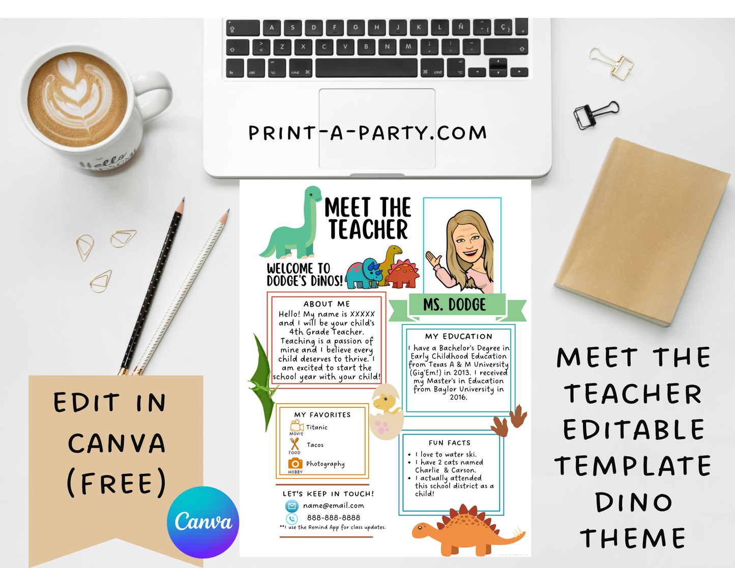 Meet the Teacher Editable Template – DINOSAUR Theme Printable for Teacher Introduction, Teacher Information, Back To School , First Day of School