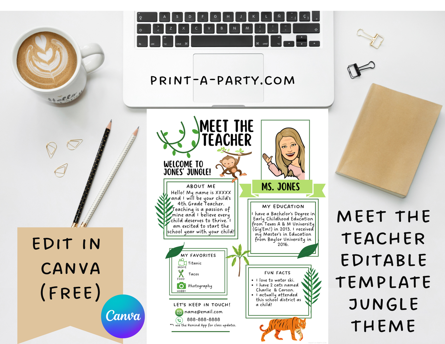 Meet the Teacher Editable Template – JUNGLE Theme Printable for Teacher Introduction, Teacher Information, Back To School , First Day of School