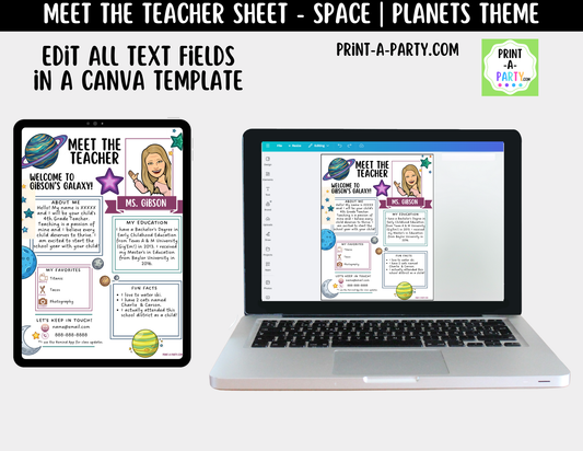 Meet the Teacher Space Planets Galaxy Theme Canva Template | Editable Back to School Introduction