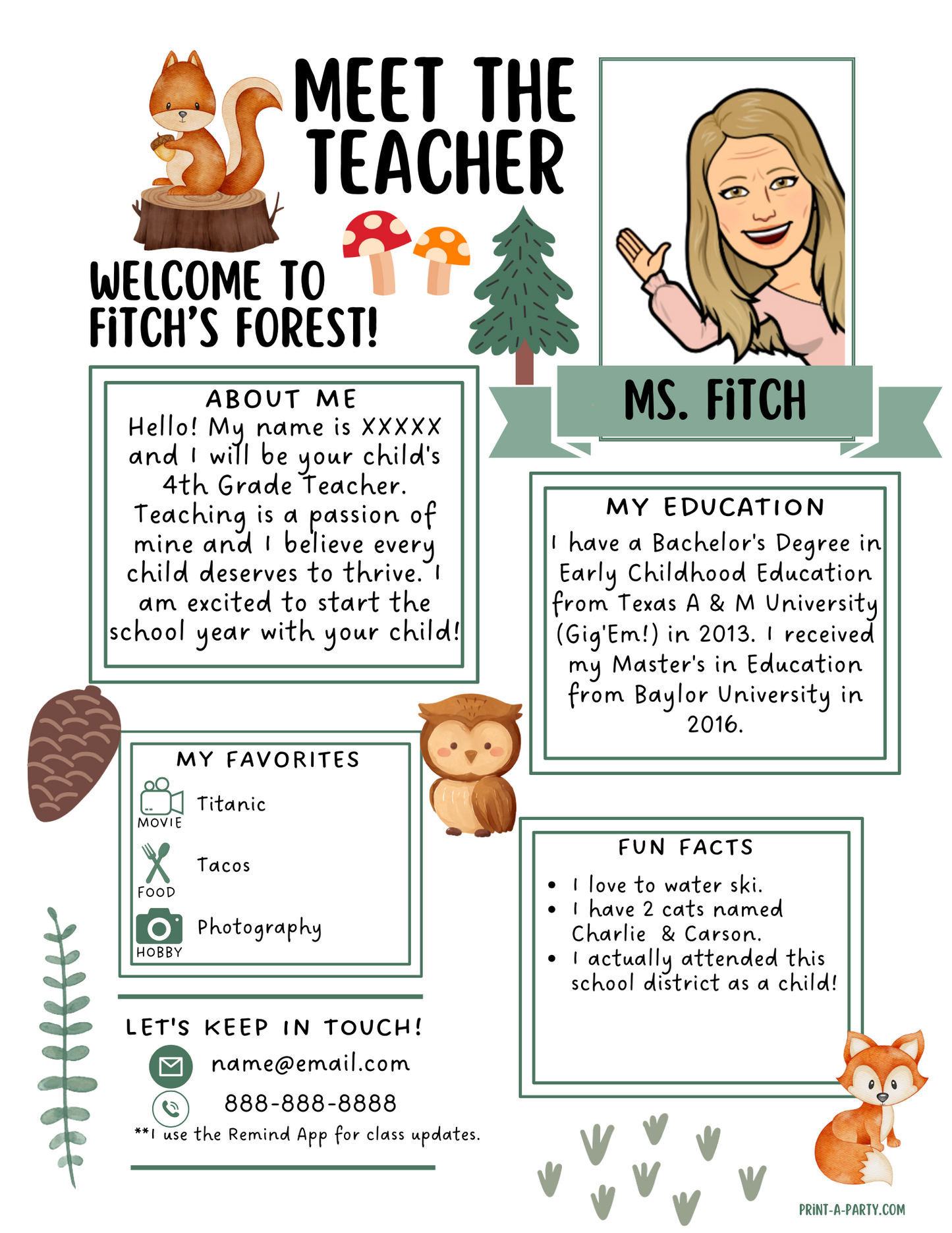 Meet the Teacher Editable Template – WOODLAND Theme Printable for Teacher Introduction, Teacher Information, Back To School , First Day of School
