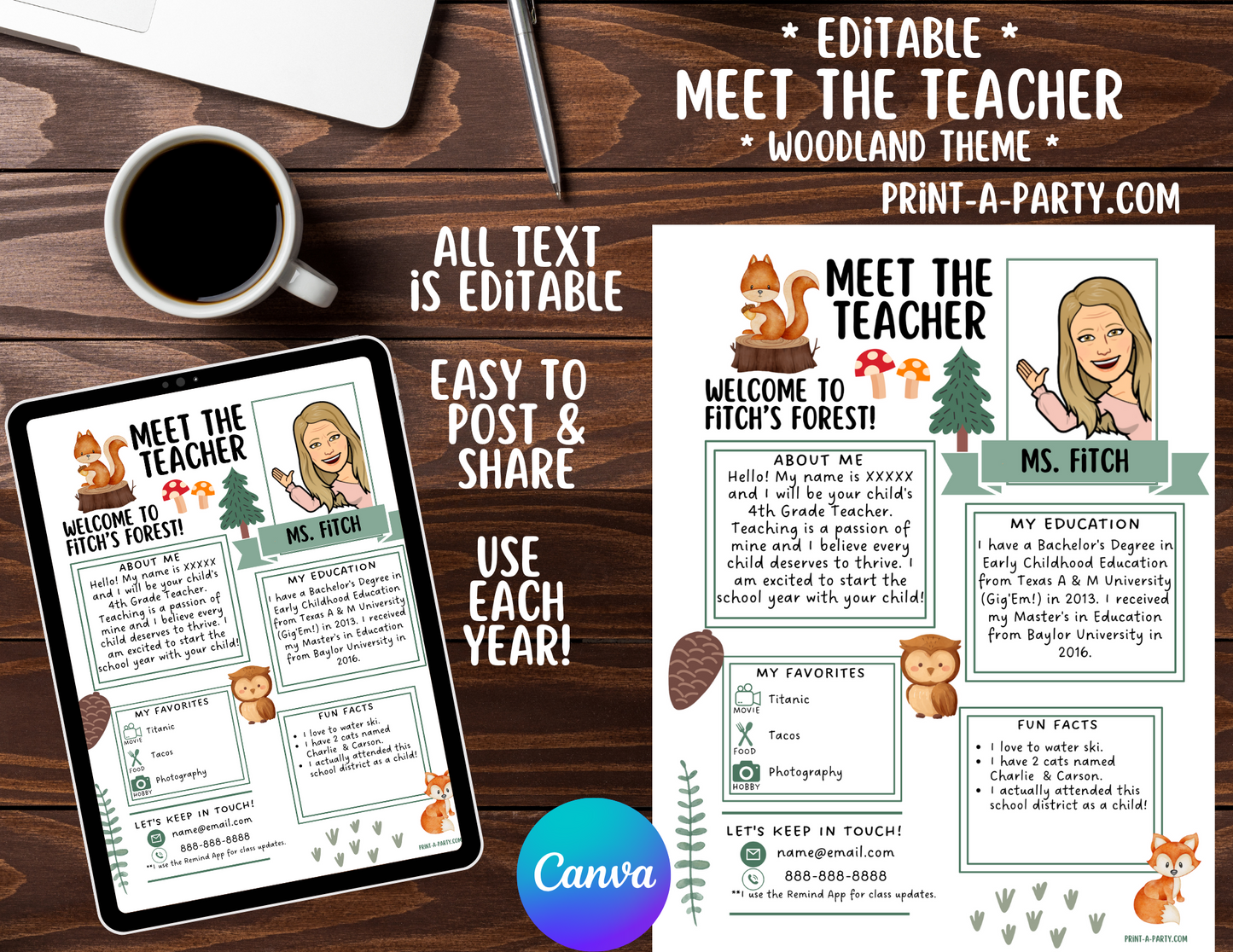 Meet the Teacher Editable Template – WOODLAND Theme Printable for Teacher Introduction, Teacher Information, Back To School , First Day of School