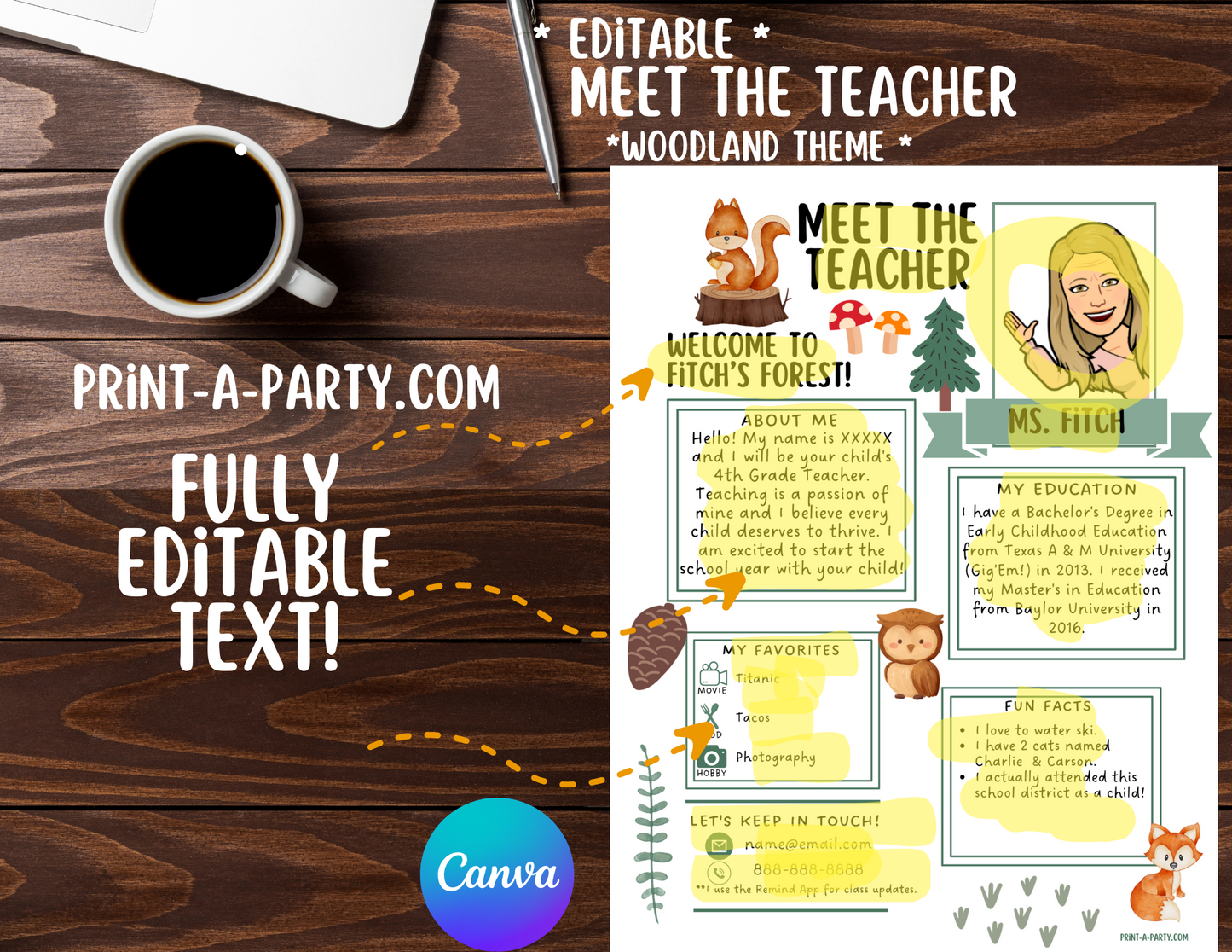 Meet the Teacher Editable Template – WOODLAND Theme Printable for Teacher Introduction, Teacher Information, Back To School , First Day of School