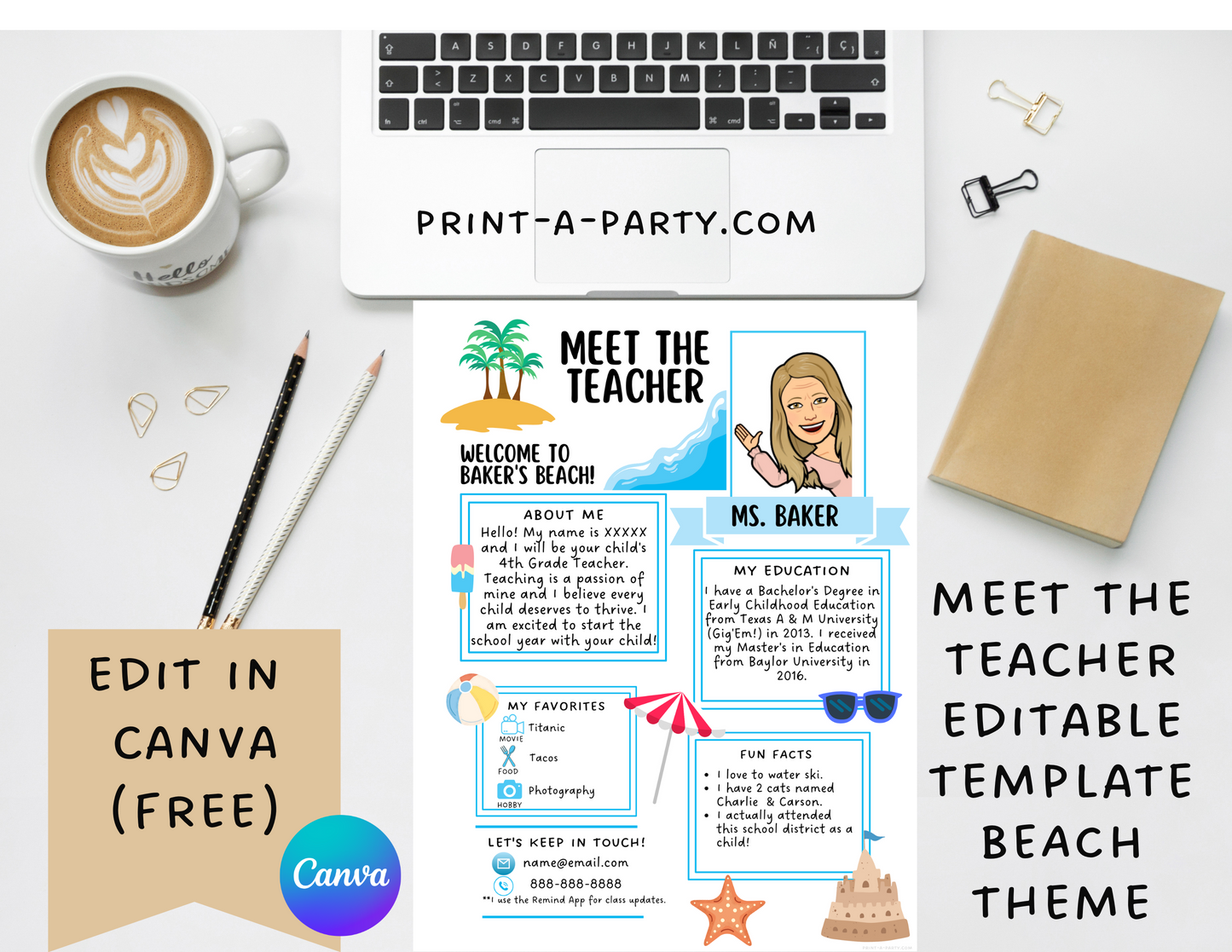 Meet the Teacher Editable Template – BEACH Theme Printable for Teacher Introduction, Teacher Information, Back To School , First Day of School