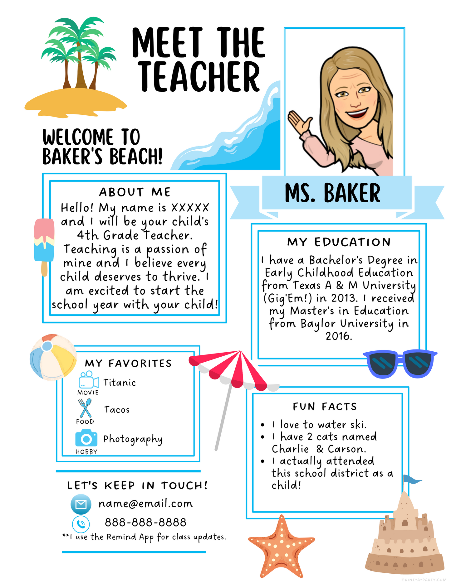 Meet the Teacher Editable Template – BEACH Theme Printable for Teacher Introduction, Teacher Information, Back To School , First Day of School