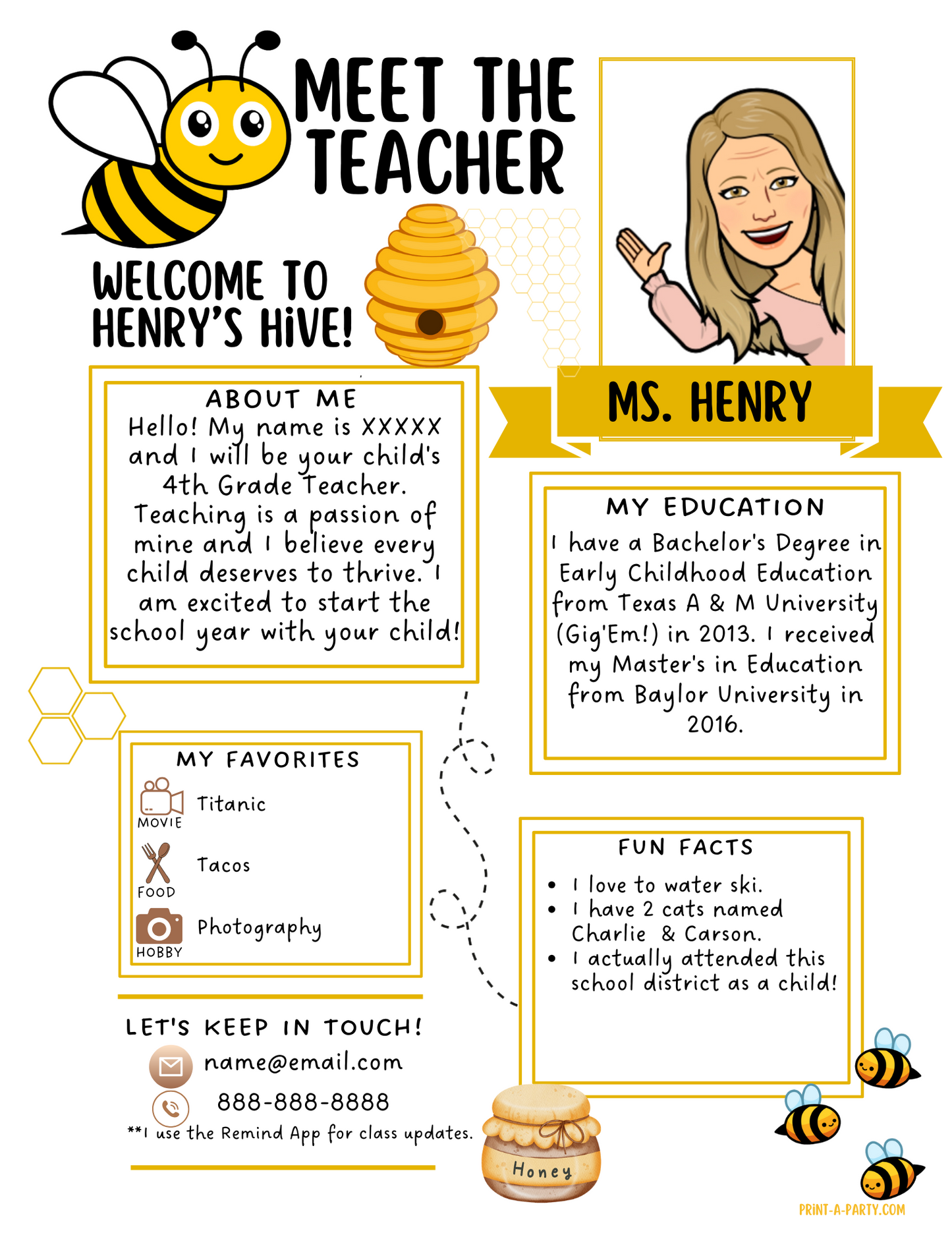 Meet the Teacher Editable Template – BEE Theme Printable for Teacher Introduction, Teacher Information, Back To School , First Day of School