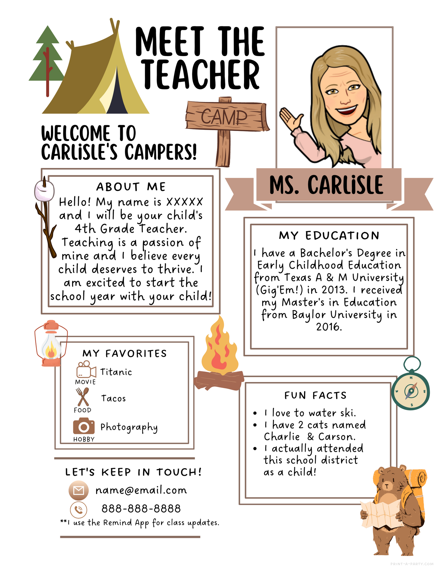 Meet the Teacher Editable Template – CAMPING | CAMPERS Theme Printable for Teacher Introduction, Teacher Information, Back To School , First Day of School