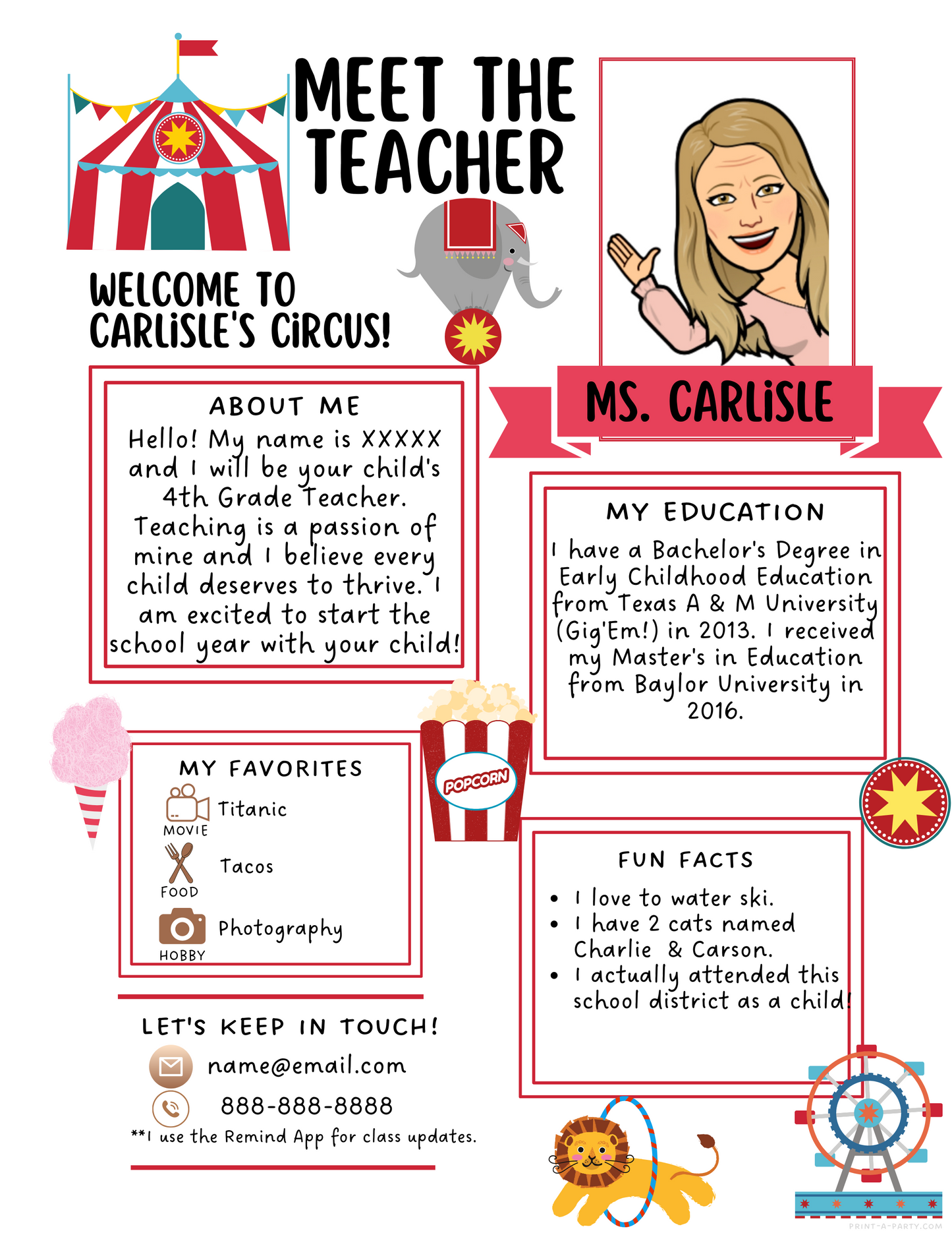 Meet the Teacher Editable Template – CIRCUS Theme Printable for Teacher Introduction, Teacher Information, Back To School , First Day of School