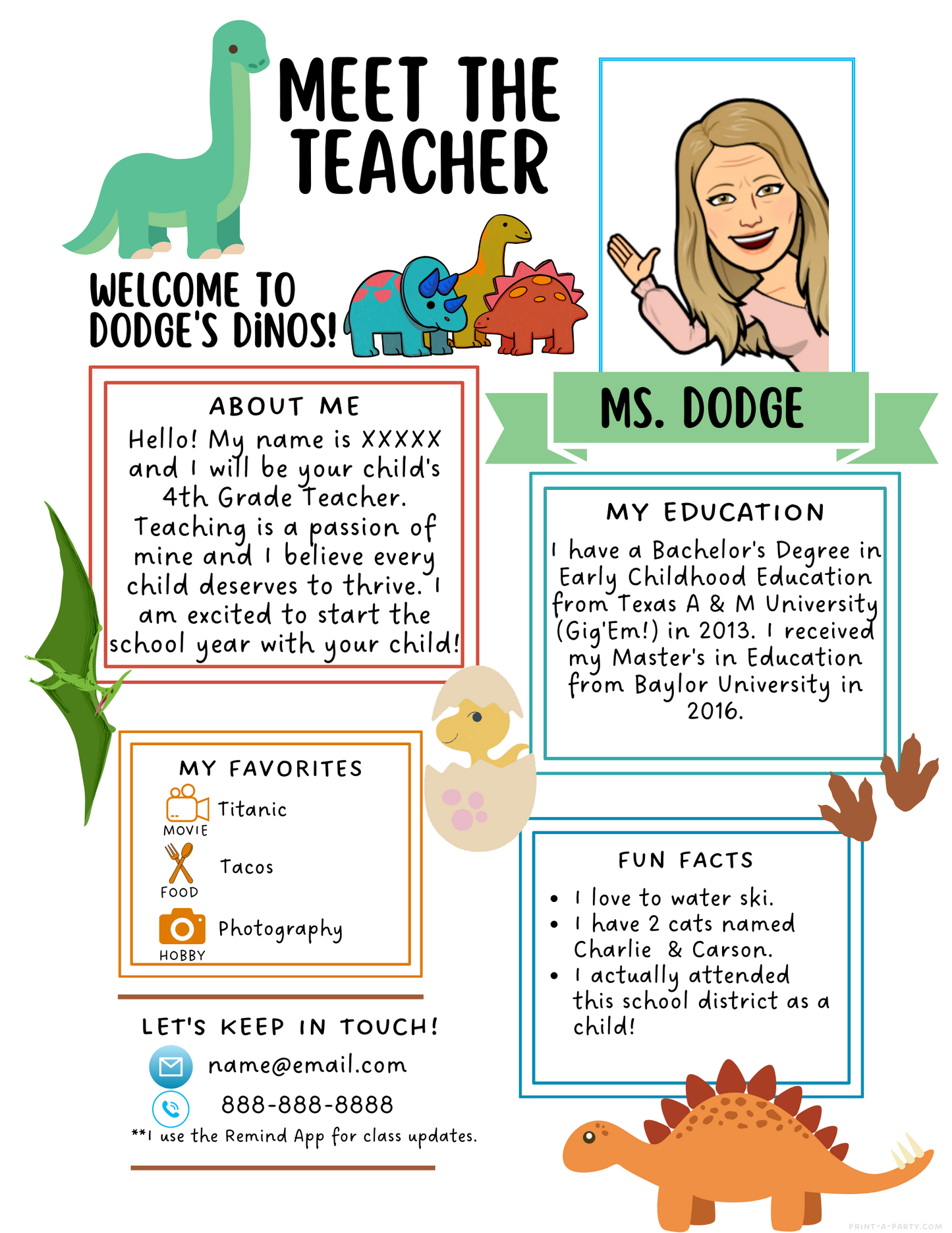 Meet the Teacher Editable Template – DINOSAUR Theme Printable for Teacher Introduction, Teacher Information, Back To School , First Day of School