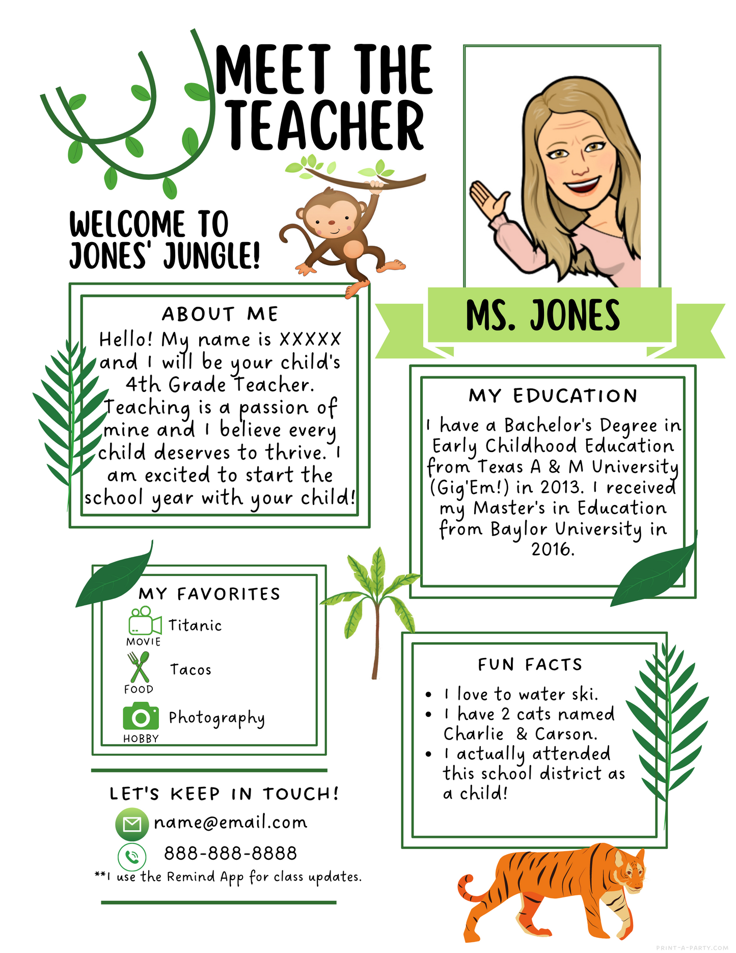 Meet the Teacher Editable Template – JUNGLE Theme Printable for Teacher Introduction, Teacher Information, Back To School , First Day of School