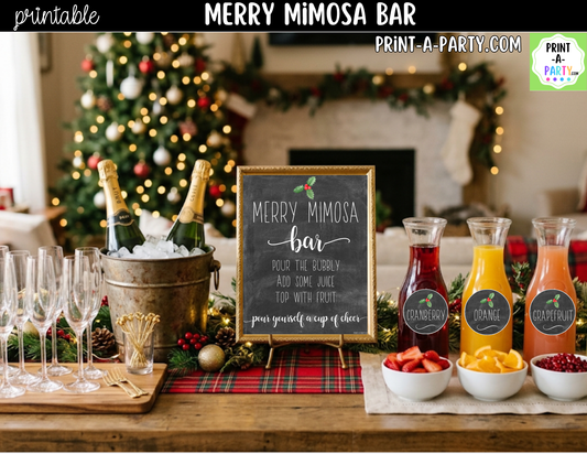 Merry Mimosa Bar Sign & Juice Labels Printable – Christmas Drink Station Kit
