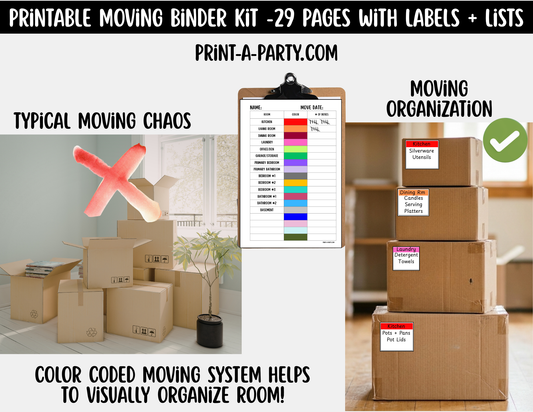 Moving Planning Binder – 29 Pages Color-Coded Labels, Lists & Checklists (Instant Download)