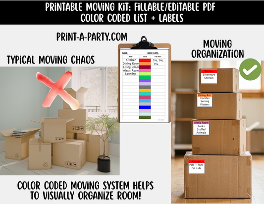Moving Organization: Fillable PDF Color-Coded Moving Box Labels Kit – Editable 18-Color Moving Organization System + Tracking List