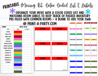 MOVING ORGANIZATION KIT: Pre-Filled Color Coded Moving Box Labels (18) | Main Tracking List | INSTANT DOWNLOAD - Have an organized move!
