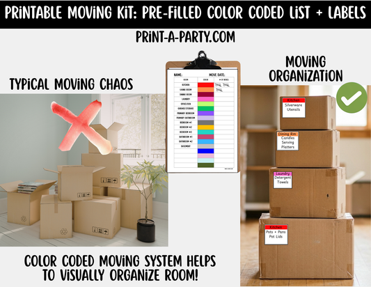Moving Organization: Pre-Filled Color-Coded Moving Box Labels Kit – 18 Rooms + Tracking List (Instant Download)